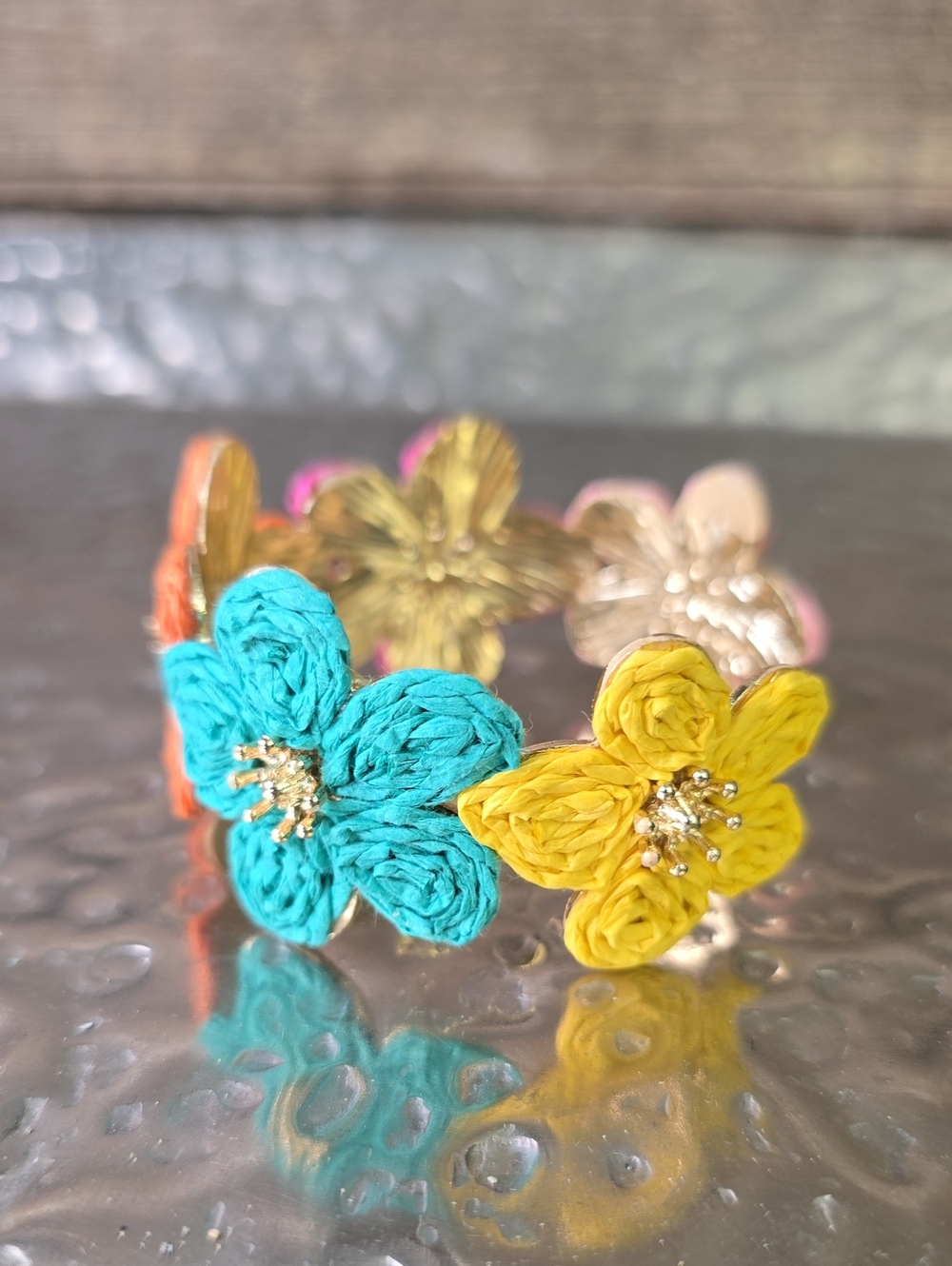 Handmade Floral Cuff Bracelet in Orange, Pink & Teal, NEW - Picture 3 of 5